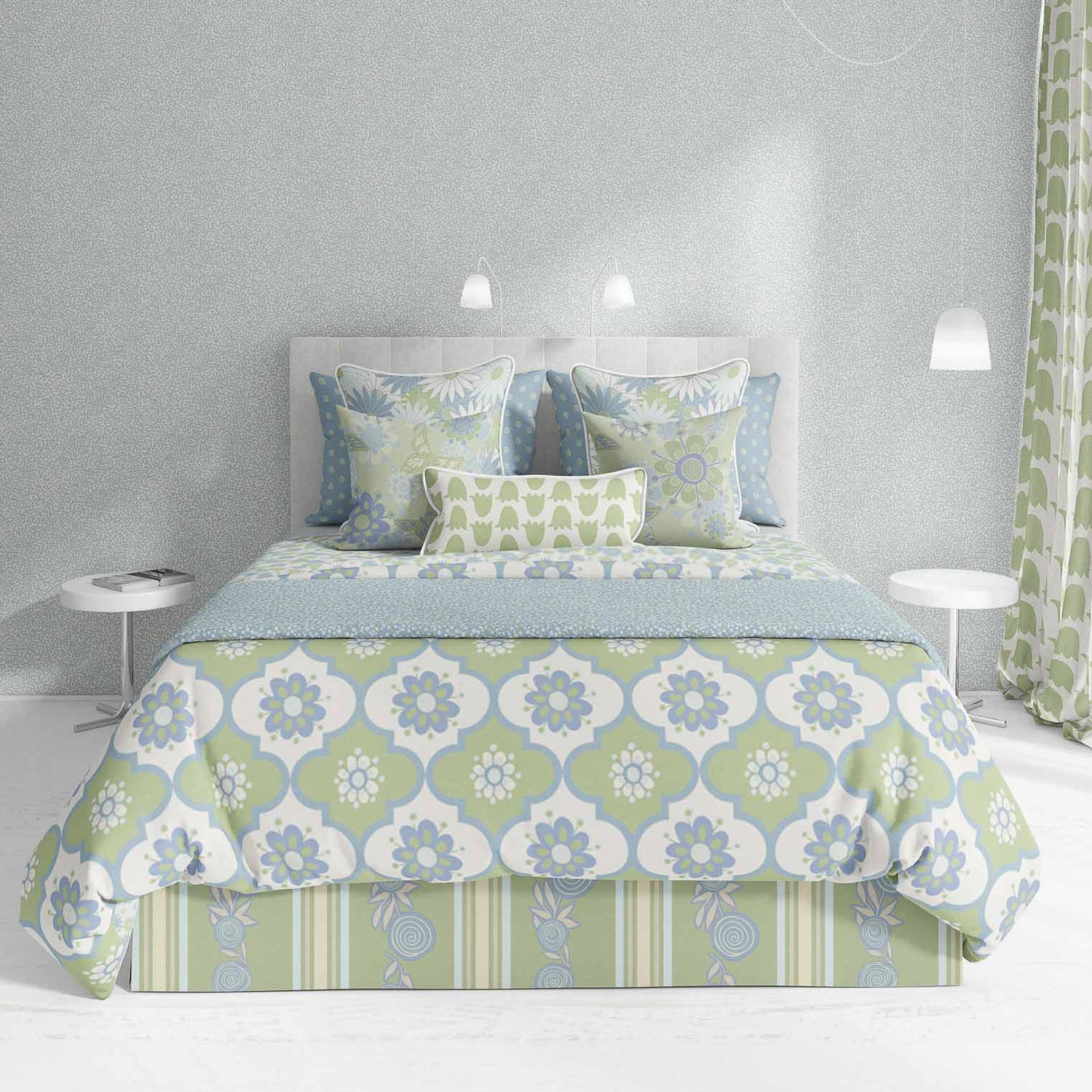 Bedroom decorated with patterns Flower Power, Climbing Roses, Sweet Tulips in mint, cream, and blue.