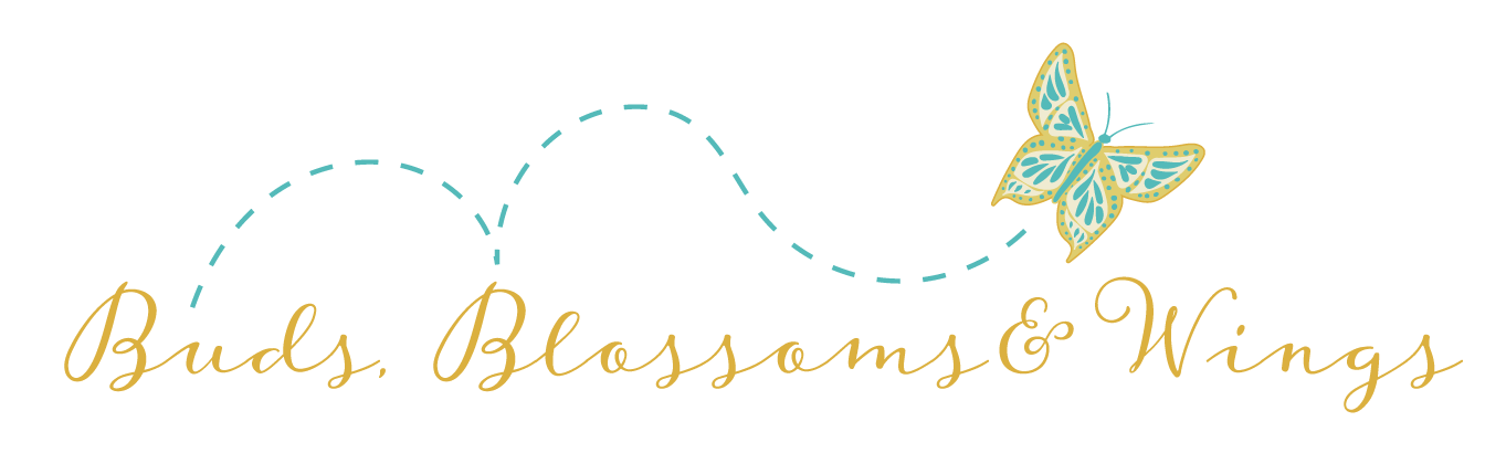 Buds, Blossoms, and Wings collection logo. Consists of a butterfly dancing across the words Buds, Blossoms, and Wings