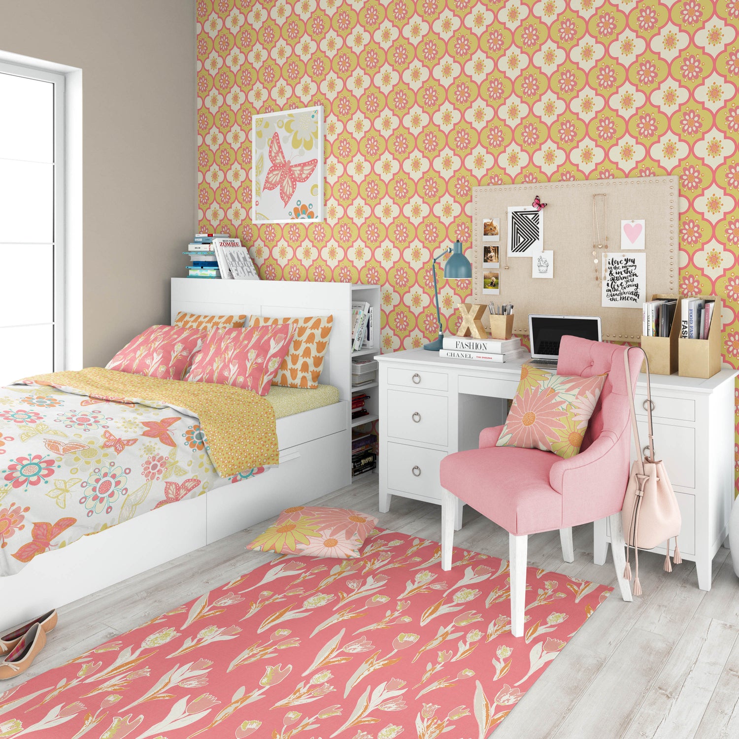 Teen bedroom decorated with patterns from the Buds Blossoms & Wings collection by Always JenniLynne, available on Spoonflower. Patterns used are "Sweet Tulips", "Wings", "Tulip Bells", "Flower Power" and "Joyeous Pollen". The colorway is Sunset.