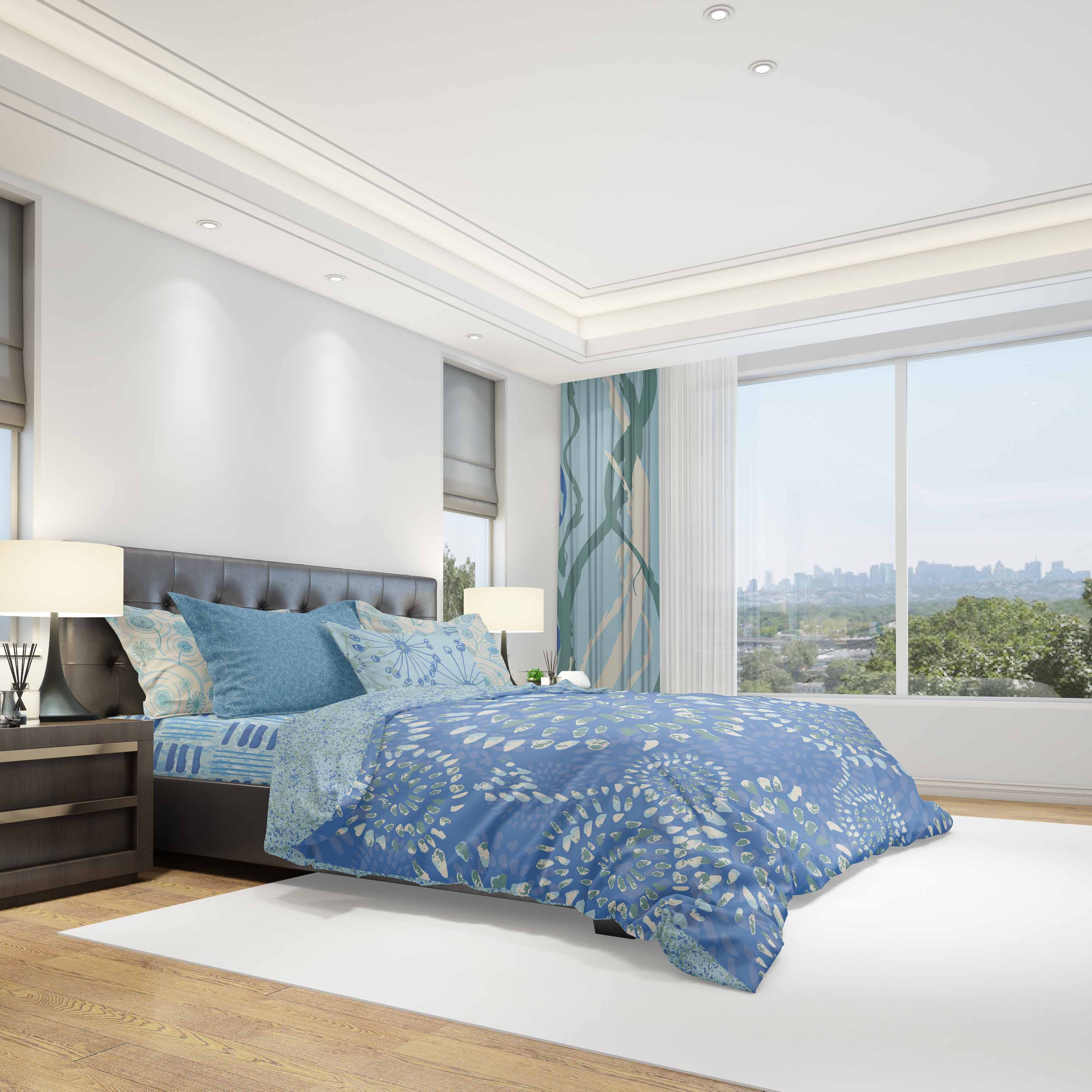 Bedroom decorated with patterns from Lakeside Connections in blue and teal.