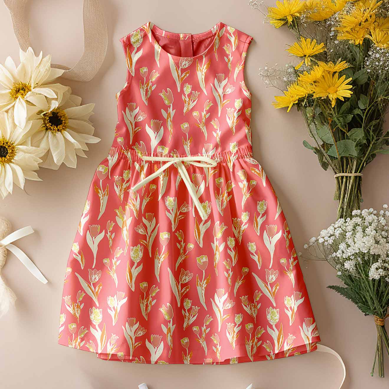 Sweet Tulips pattern in pink and orange on little girl's dress. From the Buds, Blossoms, Wings collection.