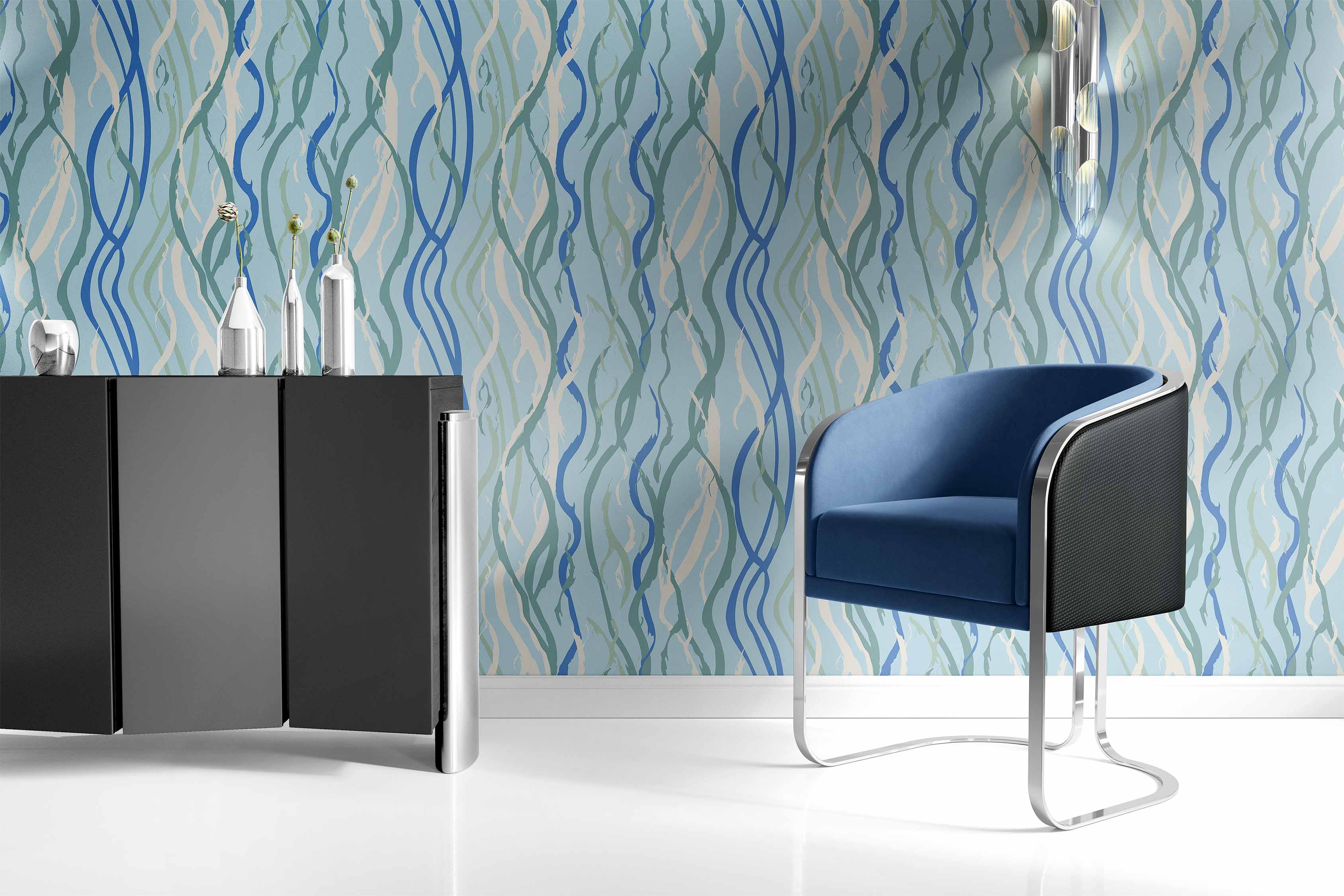 Contemporary room with Current wallpaper in blue, teal, and cream from the Lakeside Connections collection.