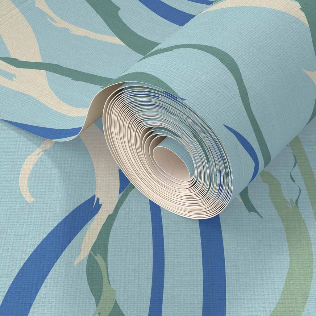 Grasscloth wallpaper in Currents jumbo scale from Lakeside Connections pattern is in blue cream and green